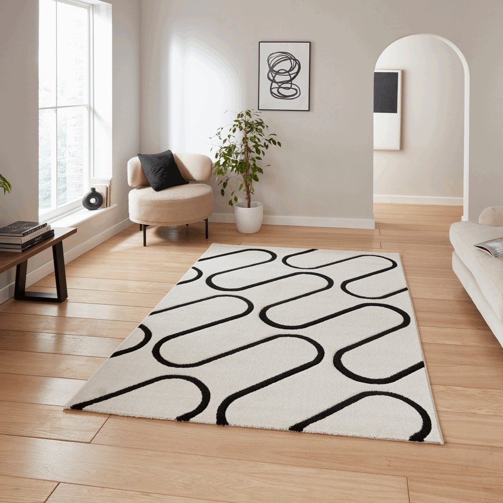 Linear Curve Modern Geometric Rugs by Catherine Lansfield in White Black